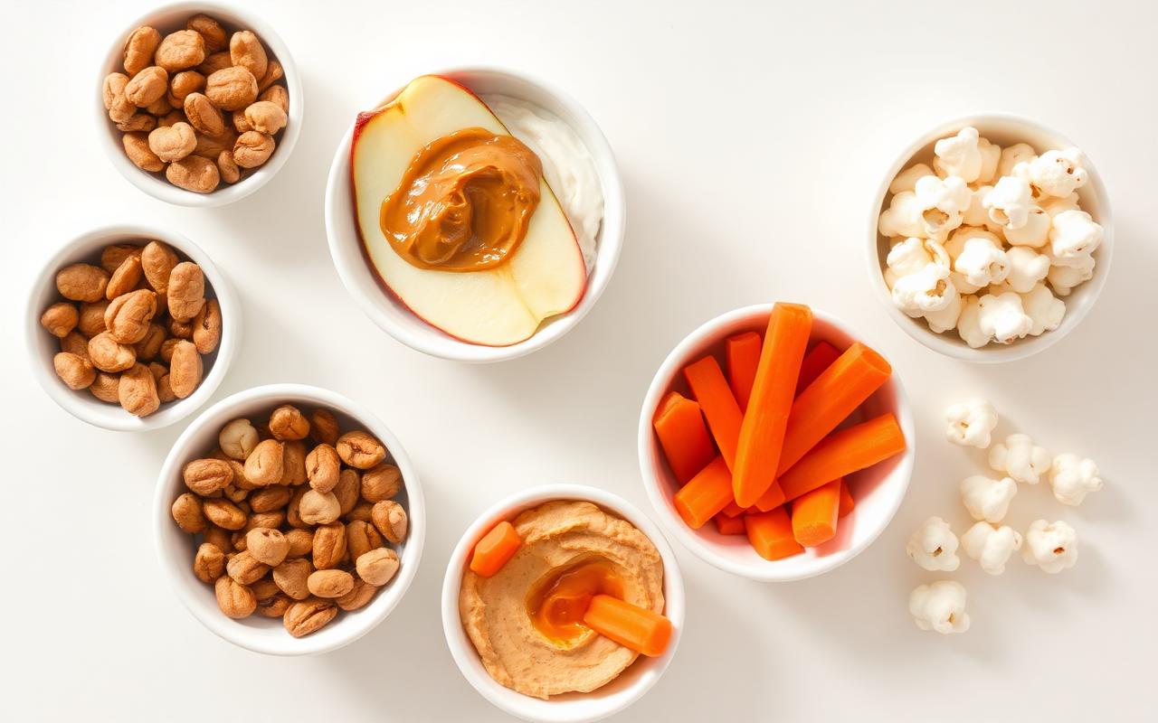 Small bowls of healthy snacks like nuts, fruit, and yogurt