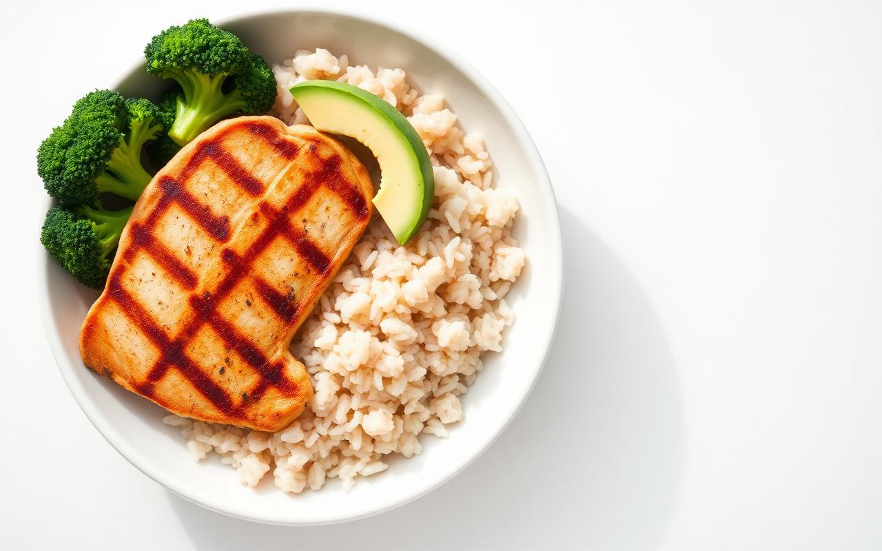 Macro-balanced meal with chicken, rice, and vegetables in a bowl