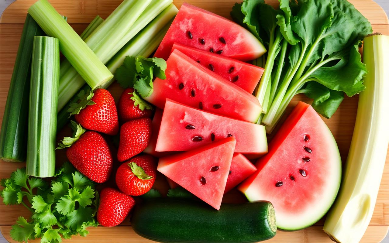 Variety of low-calorie vegetables and fruits arranged on a board