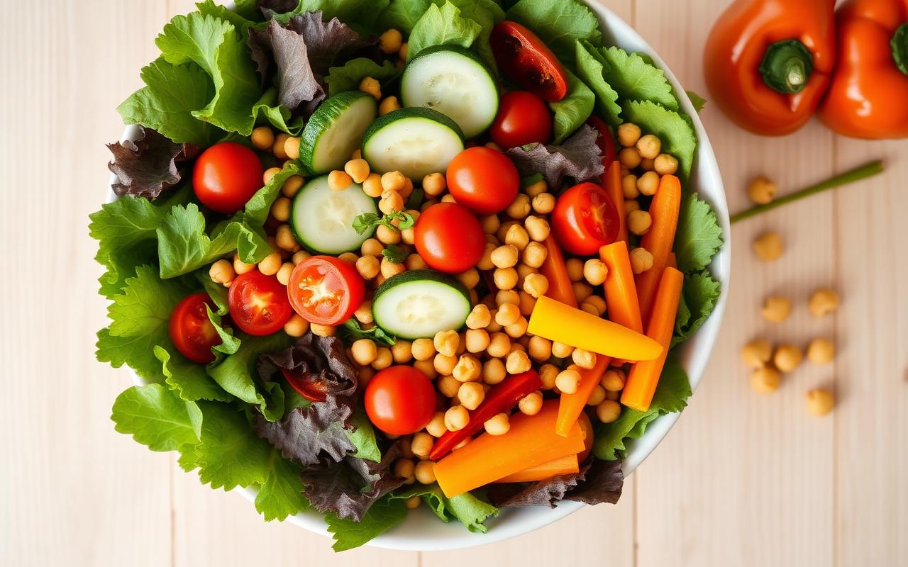 Large colorful salad bowl loaded with fresh vegetables