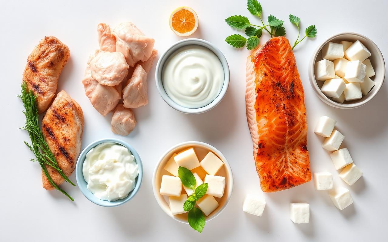 Assortment of high-protein foods including chicken, eggs, salmon, and Greek yogurt