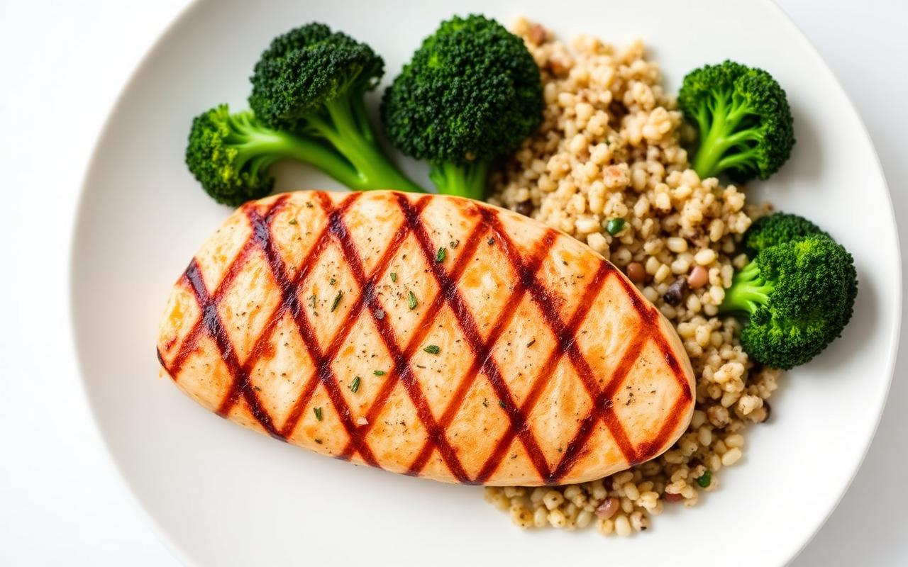 Grilled chicken breast with quinoa and broccoli on a white plate