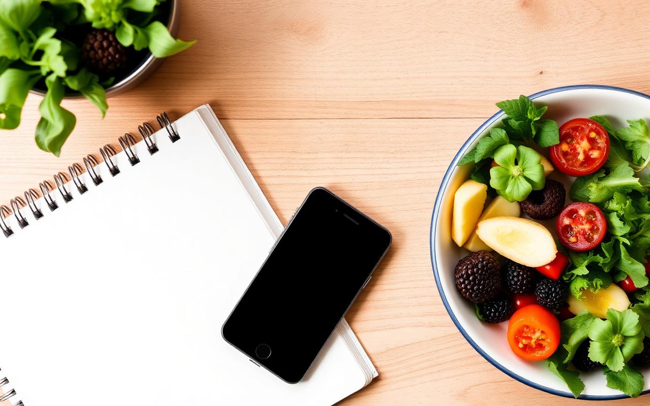 Notebook with food diary and a smartphone showing a tracking app