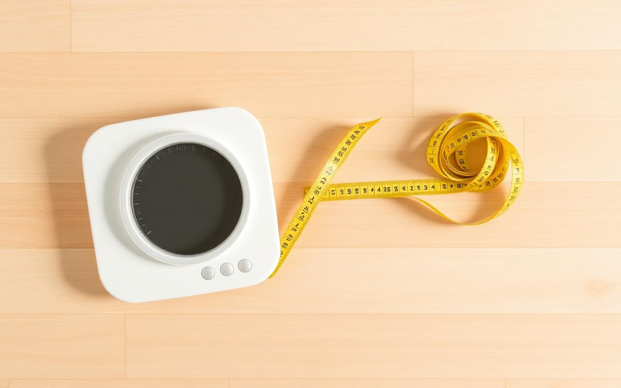Bathroom scale and measuring tape on a clean wooden floor