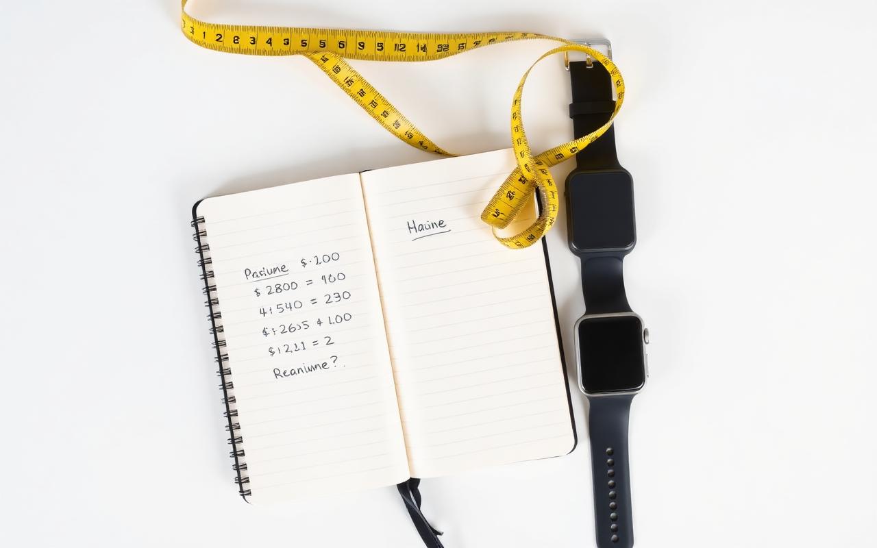 Notebook with calculations and a measuring tape on a desk