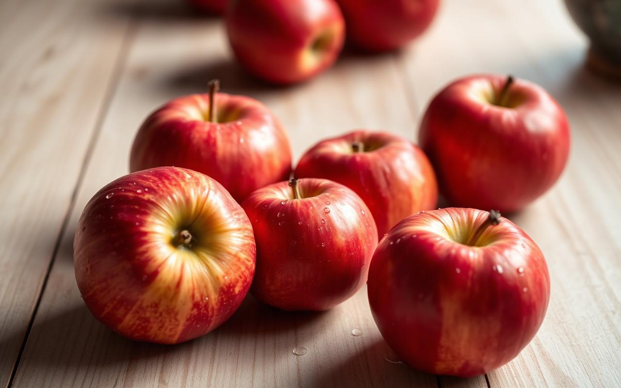 Fresh red apples on a rustic wooden table