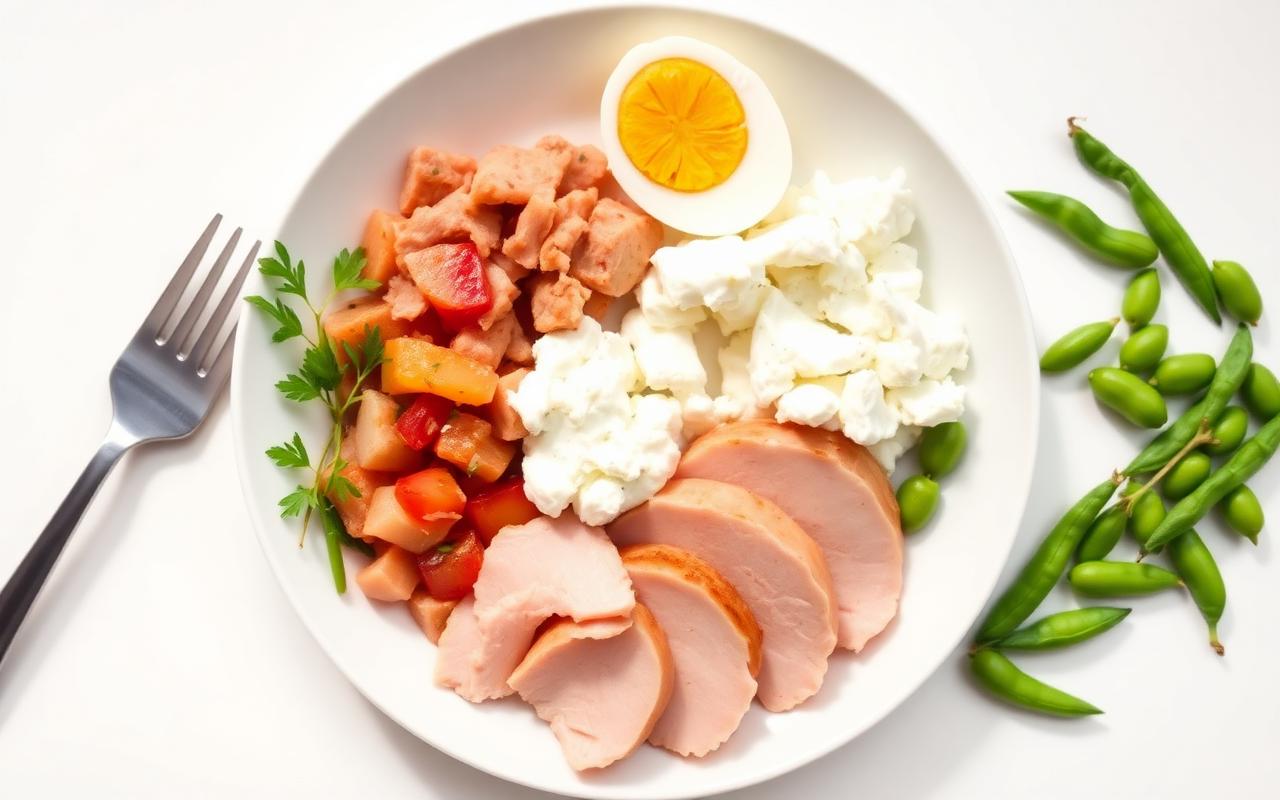 Plate with cottage cheese, egg whites, tuna, and turkey slices